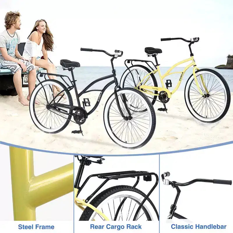 Whisen 26 Men's Beach Cruiser Bike, Single Speed Bicycles with Steel Frame, Wide Wheels for Stability