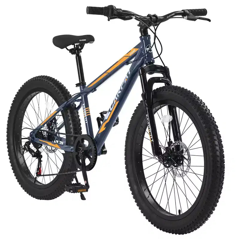 Okak 24IN Fat Tire Bike with Front Suspension, 7-Speed Mountain Bike with Disc Brake and High-Carbon Steel Frame, Trail Bike for Commuting