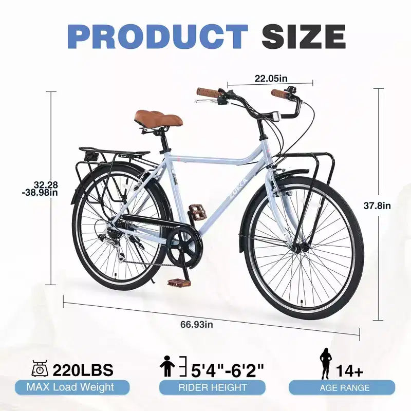 Okak Vélo de croisière vintage 26 pouces avec béquille métallique, vélo de ville pour adulte avec cadre métallique et protège-chaîne, vélo pour les trajets quotidiens, les voyages