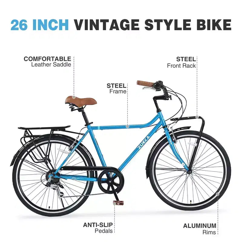 Okak Vélo de croisière vintage 26 pouces avec béquille métallique, vélo de ville pour adulte avec cadre métallique et protège-chaîne, vélo pour les trajets quotidiens, les voyages