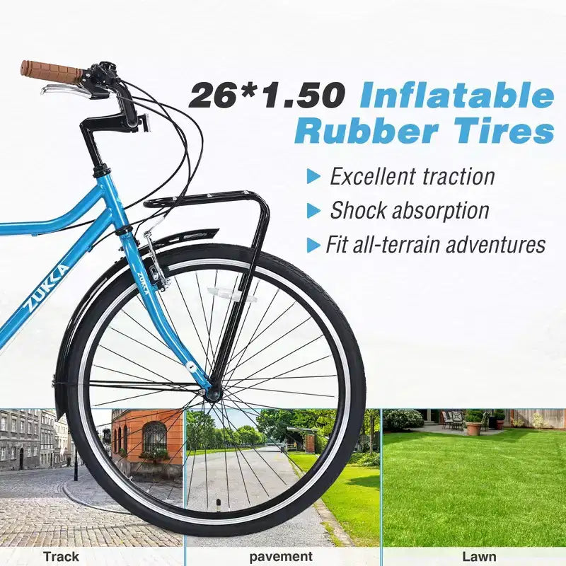 Okak Vélo de croisière vintage 26 pouces avec béquille métallique, vélo de ville pour adulte avec cadre métallique et protège-chaîne, vélo pour les trajets quotidiens, les voyages