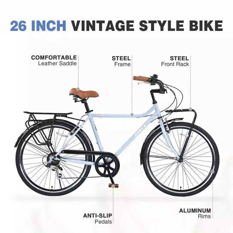 Okak Vélo de croisière vintage 26 pouces avec béquille métallique, vélo de ville pour adulte avec cadre métallique et protège-chaîne, vélo pour les trajets quotidiens, les voyages
