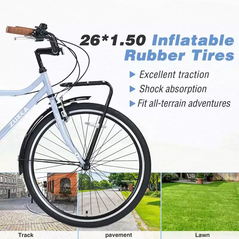 Okak Vélo de croisière vintage 26 pouces avec béquille métallique, vélo de ville pour adulte avec cadre métallique et protège-chaîne, vélo pour les trajets quotidiens, les voyages