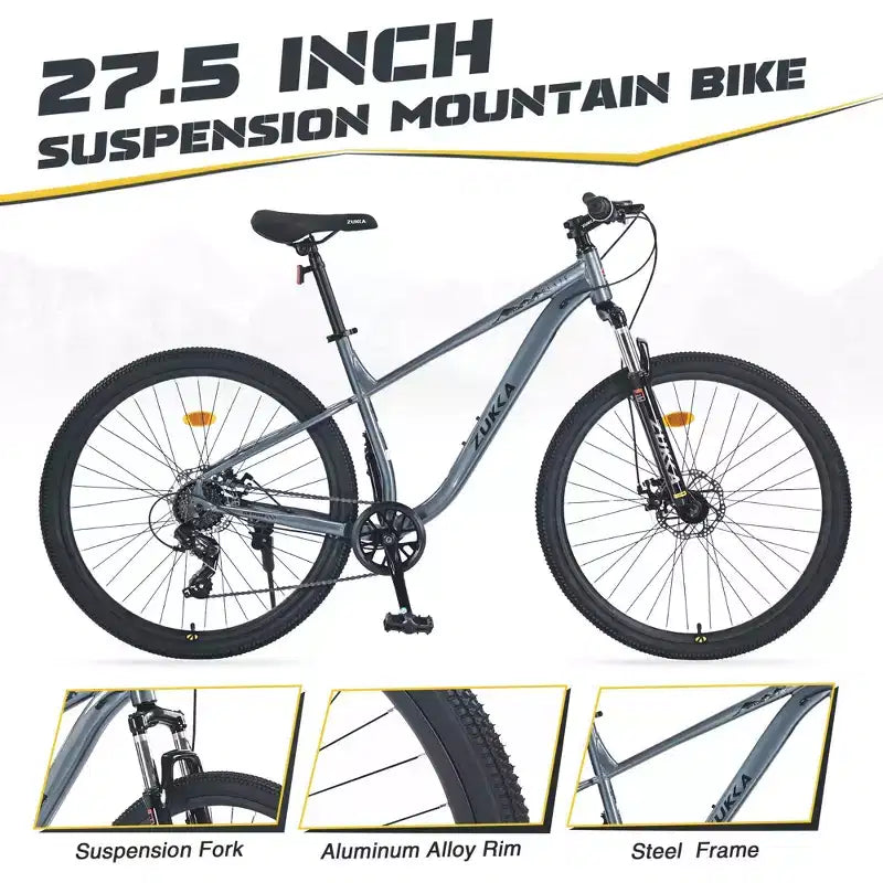VTT Okak 27,5" 8 vitesses avec suspension avant, Vélo de saleté pour enfants avec double freins à disque, Vélo à cadre en acier pour enfants et adultes