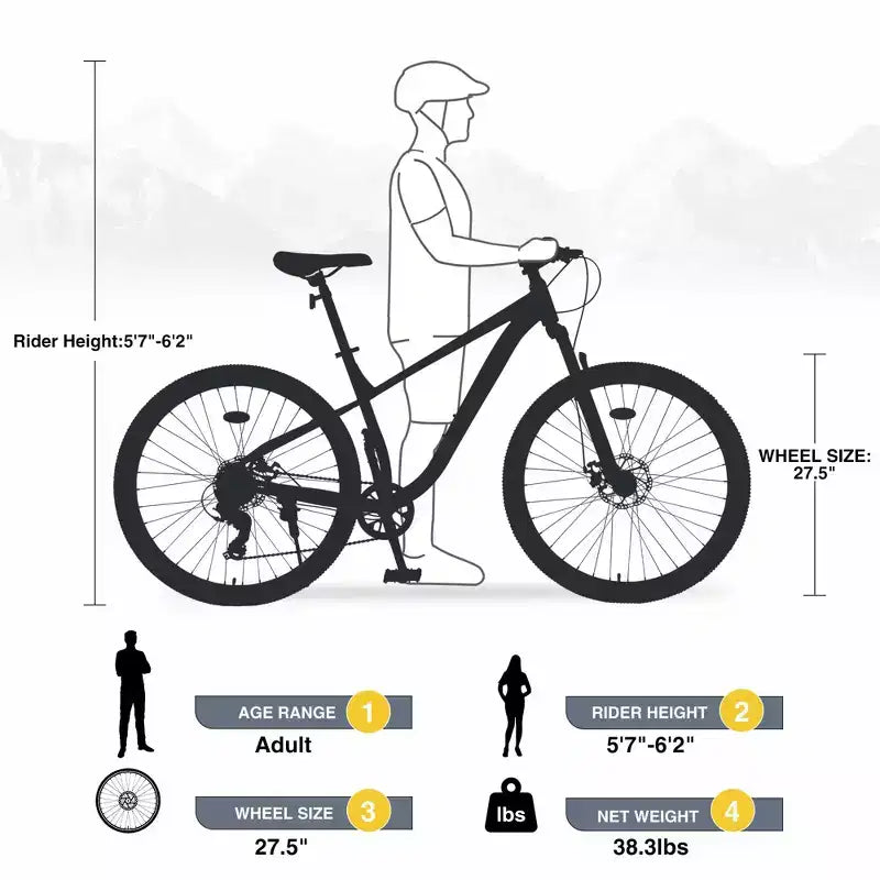 VTT Okak 27,5" 8 vitesses avec suspension avant, Vélo de saleté pour enfants avec double freins à disque, Vélo à cadre en acier pour enfants et adultes