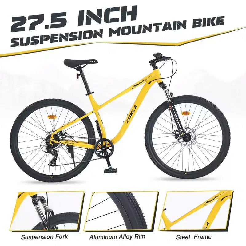 VTT Okak 27,5" 8 vitesses avec suspension avant, Vélo de saleté pour enfants avec double freins à disque, Vélo à cadre en acier pour enfants et adultes