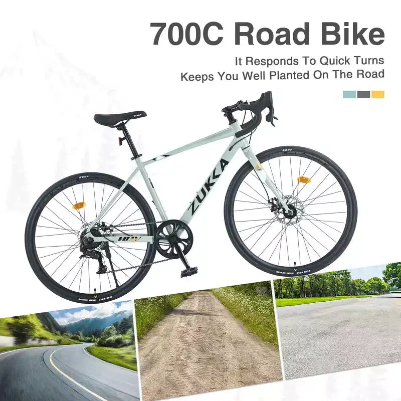Okak 700C Road Bike with 7 Speed System, Adult Bike with Aluminum Alloy Frame and Rim, Disk Brake Bicycle for Men and Women
