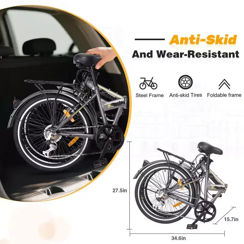 Okak 24IN Folding Bike with 7 Speed and Steel Frame, Cruiser Bikes with Rear Shelf and Mudguard, Adult Bike for Traval and Commuting