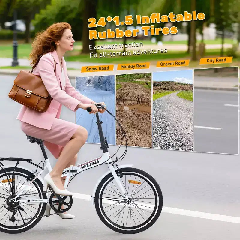 Okak 24IN Folding Bike with 7 Speed and Steel Frame, Cruiser Bikes with Rear Shelf and Mudguard, Adult Bike for Traval and Commuting