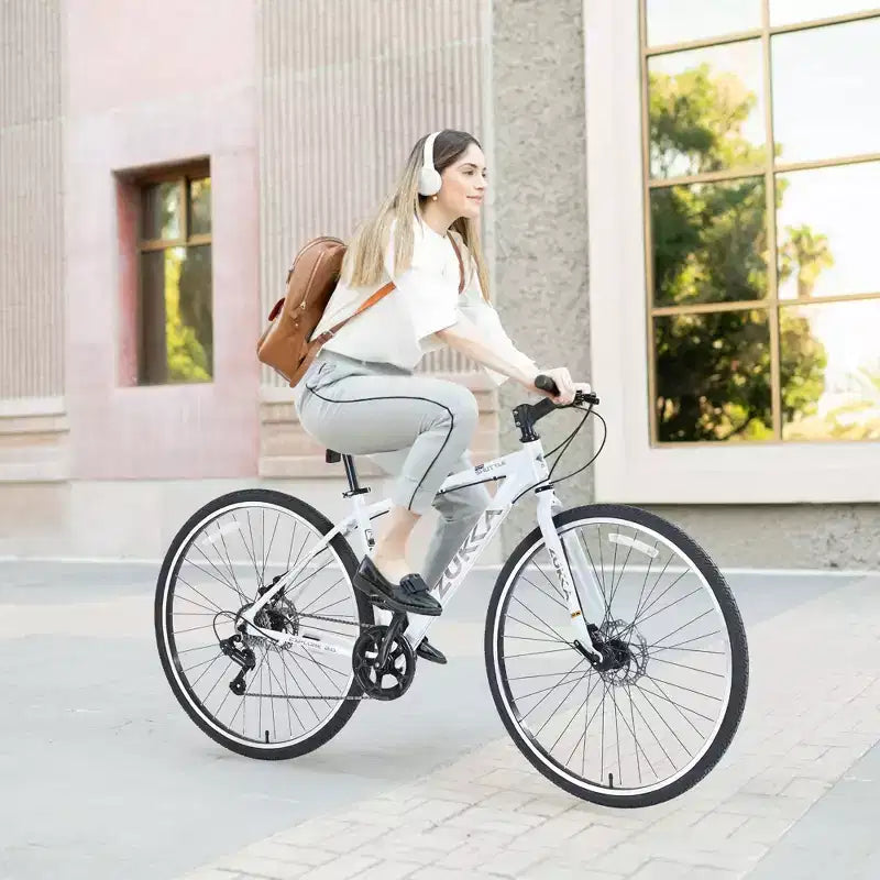 Okak 700C Hybrid Bike with Aluminum Alloy Frame and Double Disc Brakes, Flat Handlebar Road Bike, Adult Bike for Road Cycling and Traval