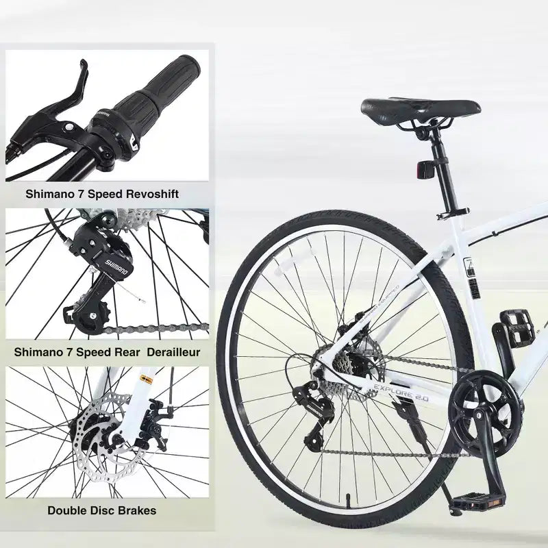Okak 700C Hybrid Bike with Aluminum Alloy Frame and Double Disc Brakes, Flat Handlebar Road Bike, Adult Bike for Road Cycling and Traval