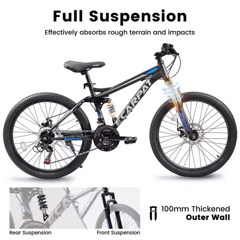 Okak 24 Inch Carbon Steel Mountain Bike with Full Suspension, Mens Bike with 21 Speed Shifter Lever and Disc Brakes, Bicycle for Kids&Adults