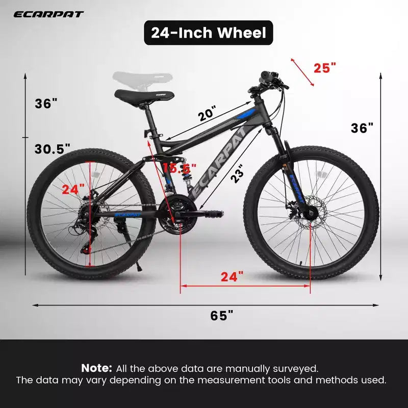 Okak 24 Inch Carbon Steel Mountain Bike with Full Suspension, Mens Bike with 21 Speed Shifter Lever and Disc Brakes, Bicycle for Kids&Adults