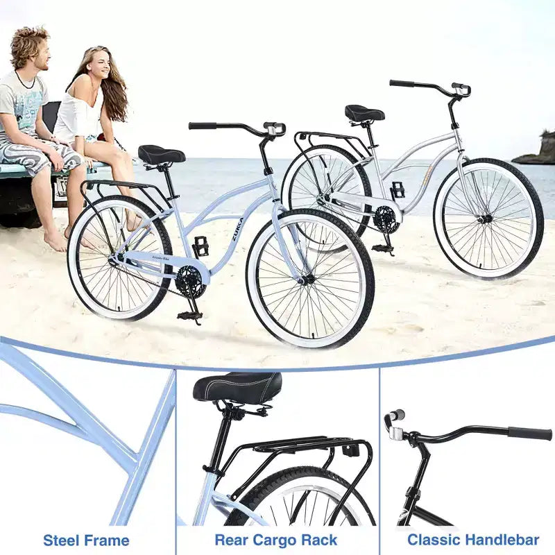 Okak 26IN Single Speed Cruiser Bikes with Steel Frame, Adult Bike with Wide Wheels and Rear Coaster Brakes, Bicycle for Mens and Women