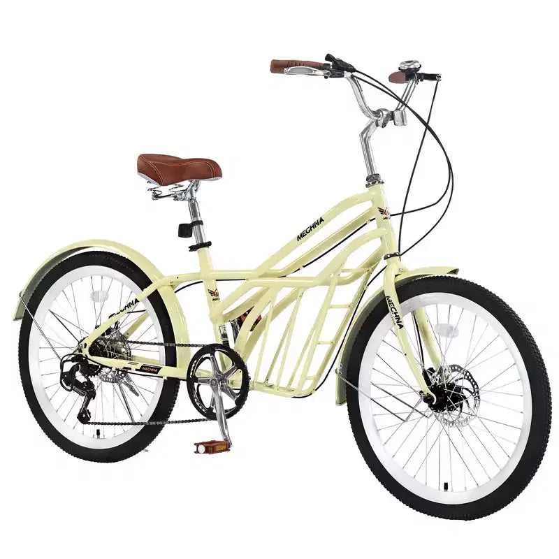Okak 24IN Cruiser Bikes with Large Basket, 6 Speed Adult Bike with Steel Frame and Disk Brake, Commuter Bike for Men and Women