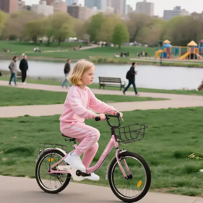 Vélo Okak 20 pouces pour enfant avec cadre en acier léger, vélos cruiser pour enfants avec frein à rétropédalage et frein en V, mini-vélo avec protège-chaîne et porte-bagages arrière
