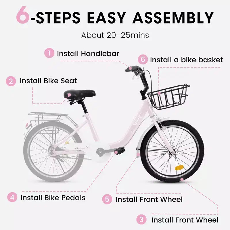 Vélo Okak 20 pouces pour enfant avec cadre en acier léger, vélos cruiser pour enfants avec frein à rétropédalage et frein en V, mini-vélo avec protège-chaîne et porte-bagages arrière