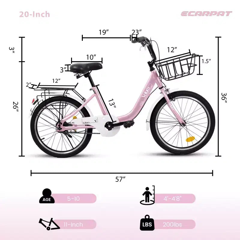 Vélo Okak 20 pouces pour enfant avec cadre en acier léger, vélos cruiser pour enfants avec frein à rétropédalage et frein en V, mini-vélo avec protège-chaîne et porte-bagages arrière