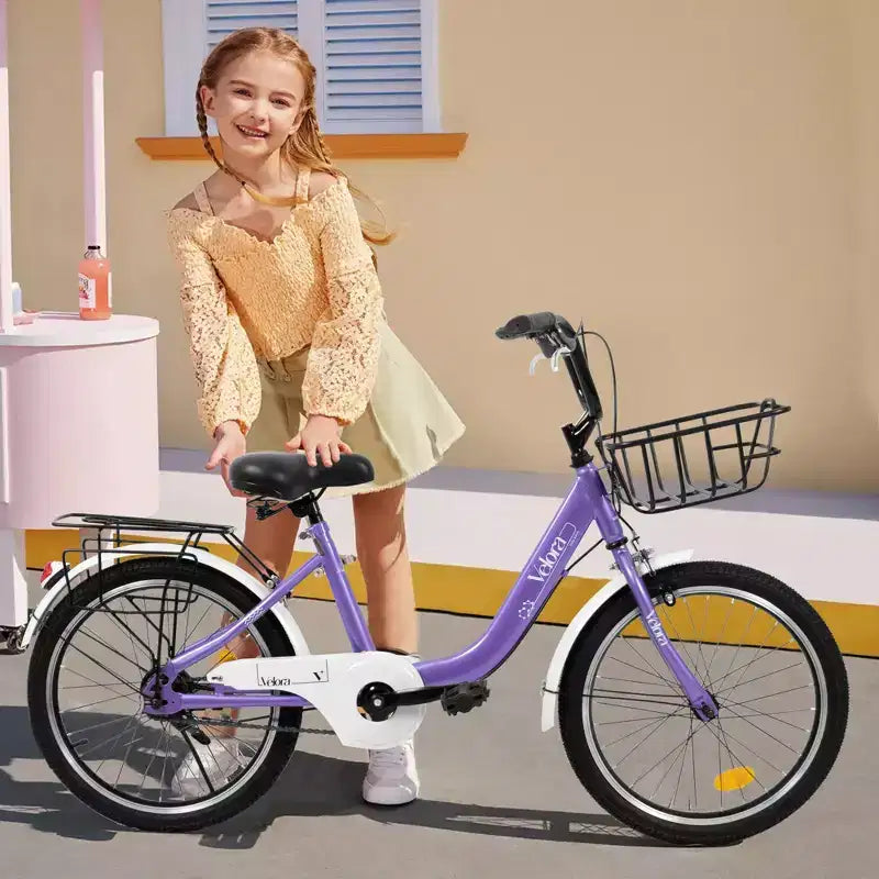 Vélo Okak 20 pouces pour enfant avec cadre en acier léger, vélos cruiser pour enfants avec frein à rétropédalage et frein en V, mini-vélo avec protège-chaîne et porte-bagages arrière