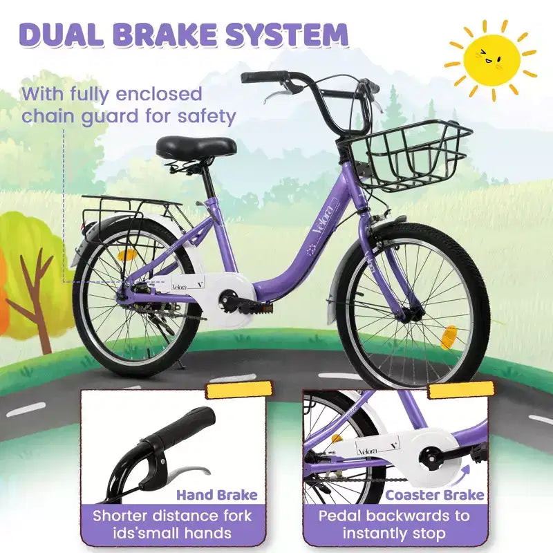 Vélo Okak 20 pouces pour enfant avec cadre en acier léger, vélos cruiser pour enfants avec frein à rétropédalage et frein en V, mini-vélo avec protège-chaîne et porte-bagages arrière
