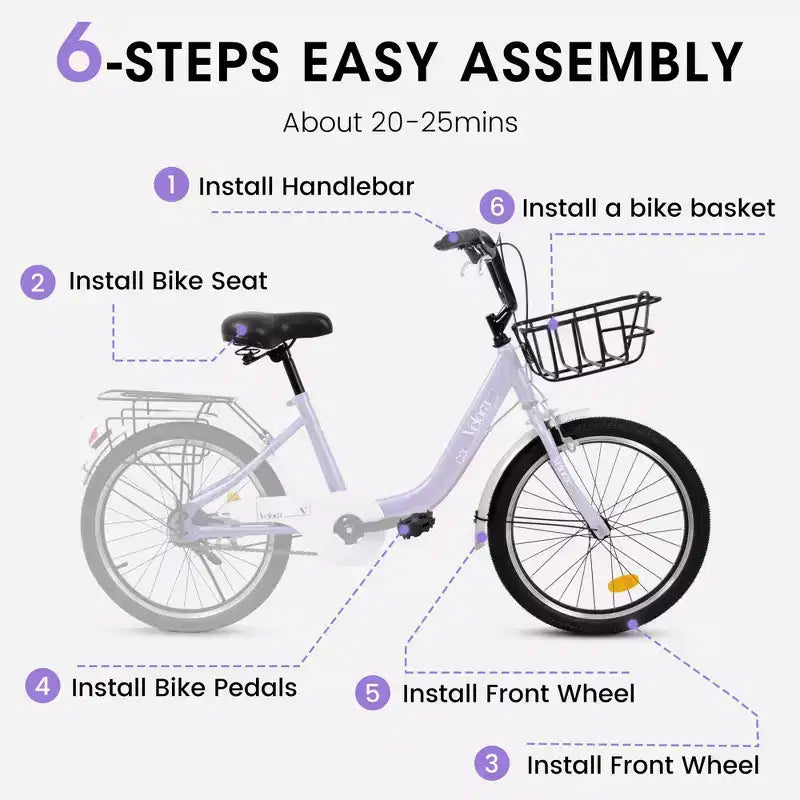 Vélo Okak 20 pouces pour enfant avec cadre en acier léger, vélos cruiser pour enfants avec frein à rétropédalage et frein en V, mini-vélo avec protège-chaîne et porte-bagages arrière