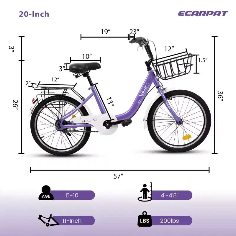 Vélo Okak 20 pouces pour enfant avec cadre en acier léger, vélos cruiser pour enfants avec frein à rétropédalage et frein en V, mini-vélo avec protège-chaîne et porte-bagages arrière