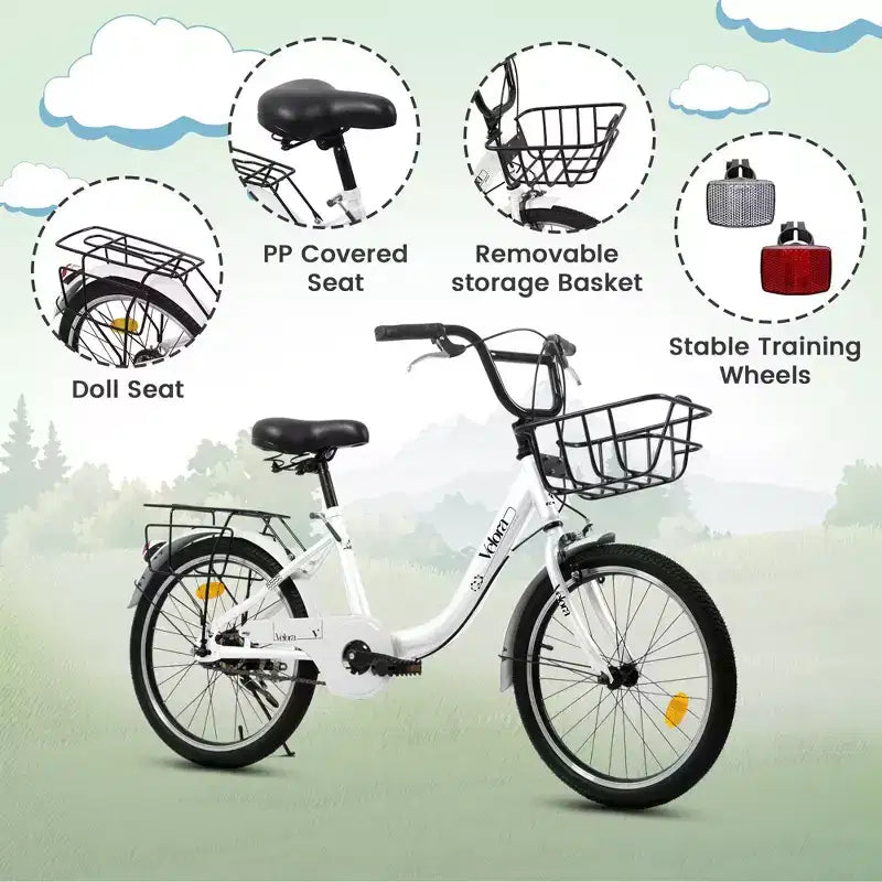 Vélo Okak 20 pouces pour enfant avec cadre en acier léger, vélos cruiser pour enfants avec frein à rétropédalage et frein en V, mini-vélo avec protège-chaîne et porte-bagages arrière