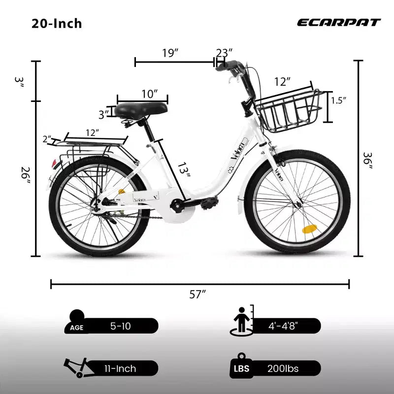 Vélo Okak 20 pouces pour enfant avec cadre en acier léger, vélos cruiser pour enfants avec frein à rétropédalage et frein en V, mini-vélo avec protège-chaîne et porte-bagages arrière