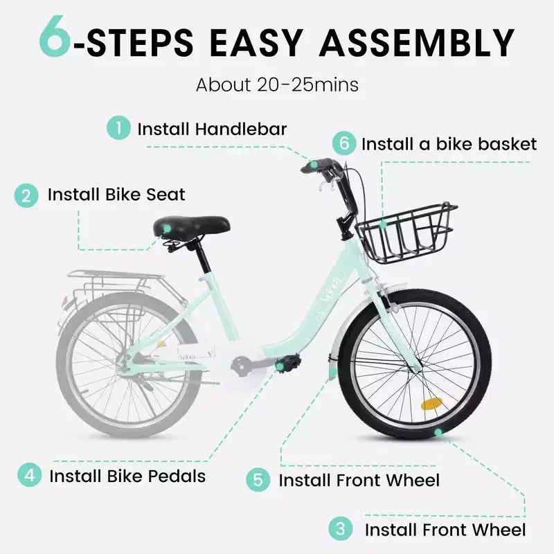 Vélo Okak 20 pouces pour enfant avec cadre en acier léger, vélos cruiser pour enfants avec frein à rétropédalage et frein en V, mini-vélo avec protège-chaîne et porte-bagages arrière