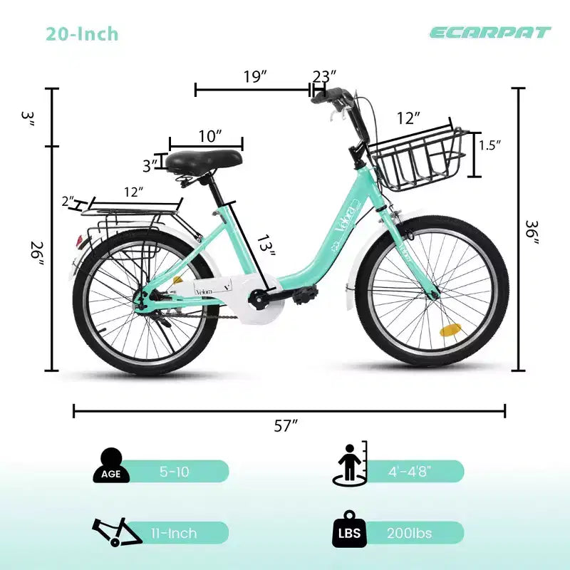 Vélo Okak 20 pouces pour enfant avec cadre en acier léger, vélos cruiser pour enfants avec frein à rétropédalage et frein en V, mini-vélo avec protège-chaîne et porte-bagages arrière