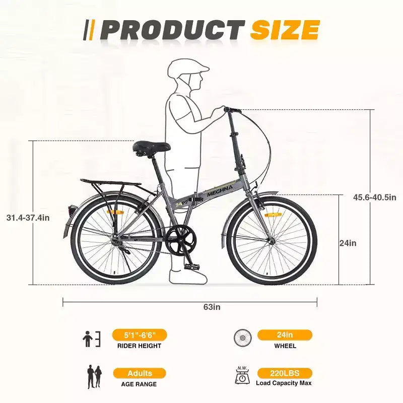 Okak 24IN Folding Bike with Fenders and Dual V-Brake, City Commuter Bicycle with Steel Frame and Shelf, Cruiser Bikes for Men and Women