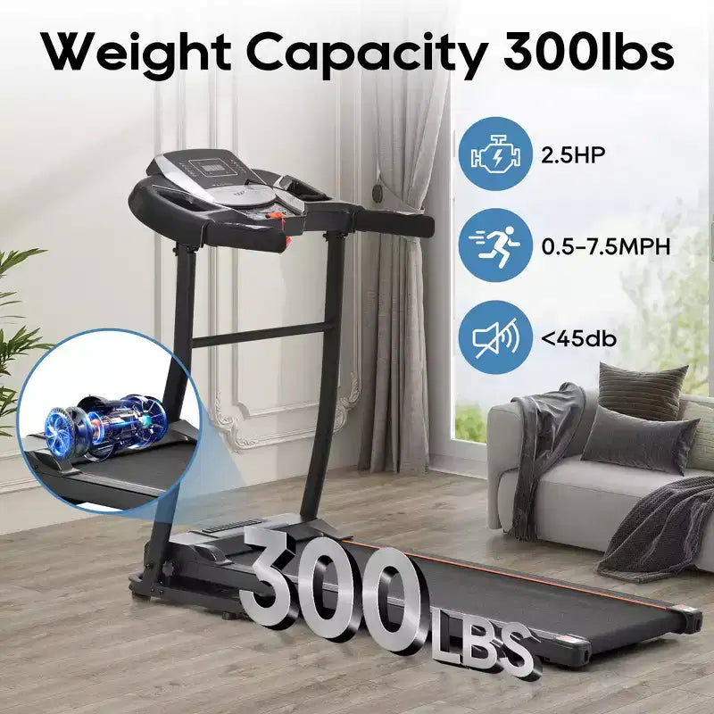 Folding Treadmill for Home with Incline & Heart Rate Sensor, 2.5HP Quiet Motor, USB Charging, Portable Running Walking Machine, 300lbs Capacity