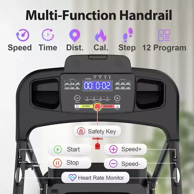 2.5HP Foldable Electric Treadmill with Incline, 12KM/H Speed, Heart Rate Sensor, Bluetooth Music, Cup Holder for Home Gym Fitness