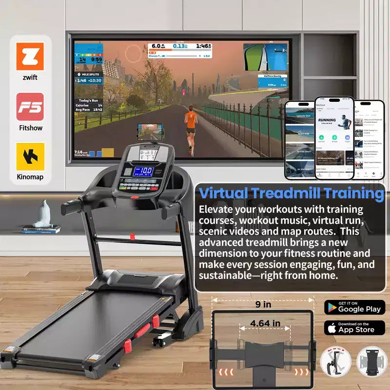 5HP Foldable Treadmill for Home w/ 15% Auto Incline, 400lbs Capacity, 10MPH Portable Treadmill, 64+7 Programs, Personalized Workout with APP