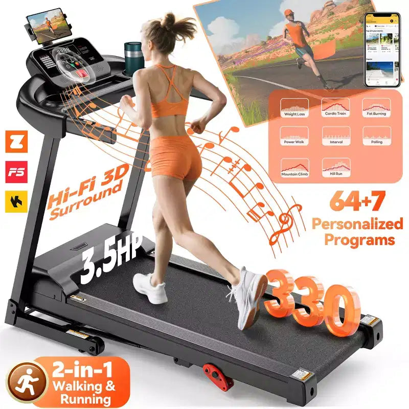 Folding Treadmill w/ Incline, 3.5HP Treadmill for Home w/ 330lb Capacity, 71 Programs