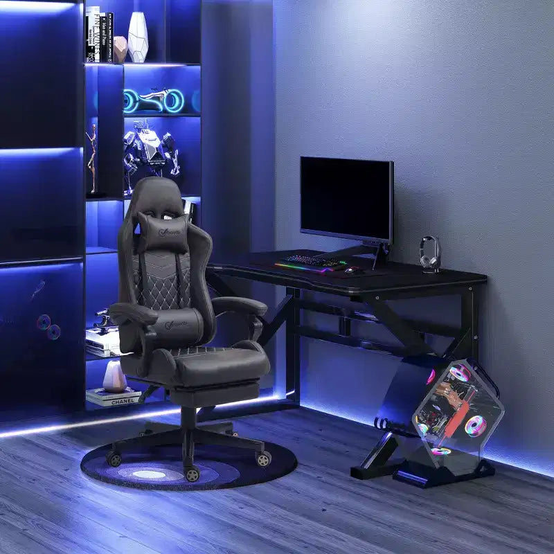 Chaise de Bureau et Gaming Fauteuil Gamer en Cuir PU Diamant, Dossier Haut, Fauteuil Inclinable Pivotant avec Repose-Pieds, Support Lombaire, Hauteur Réglable