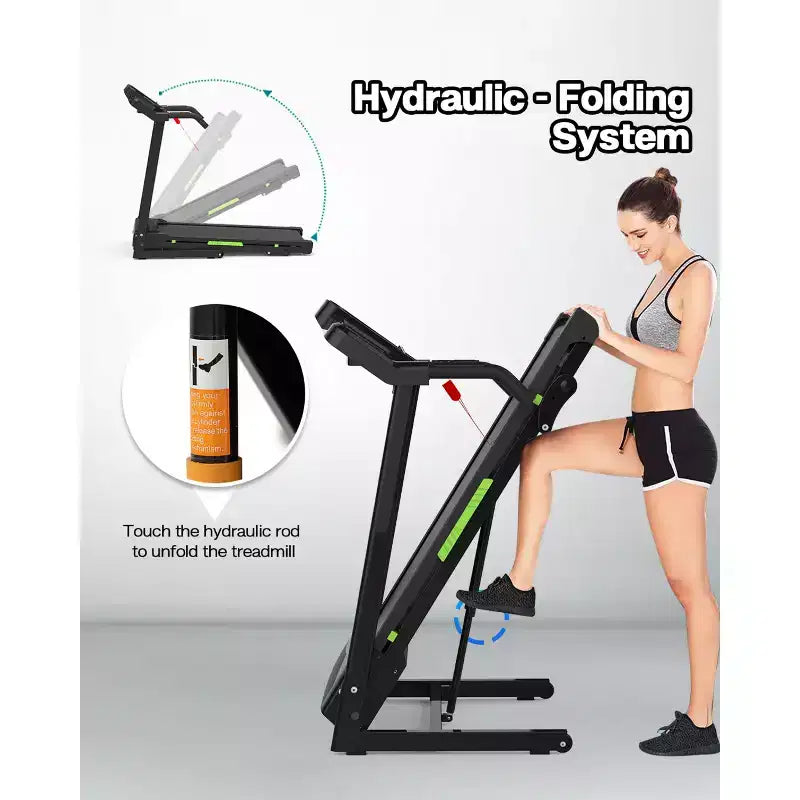 Folding Treadmill with Incline & App - Electric Running Machine for Home, Handrail Speed Controls & Built-In Pulse Monitor, Compact Design