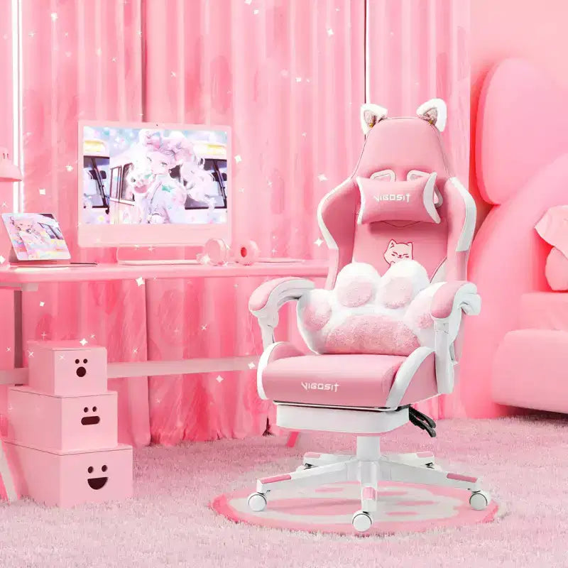 Okak Modern Cute Cat Swivel Gaming Chair with Paw Lumbar Cushion,High Ergonomic Task Chair Computer Chair for Adults