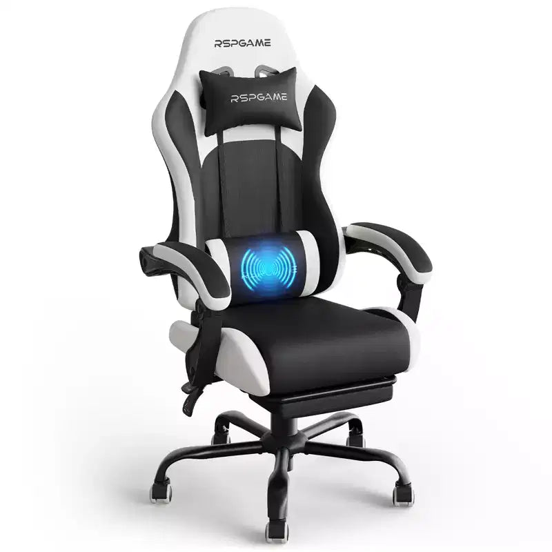 RSPGAME Basic Ergonomic Gaming Chair for Adults, PU Leather Office Chairs with Vibration Lumbar Support and Retractable Footrest, Home Computer Chairs