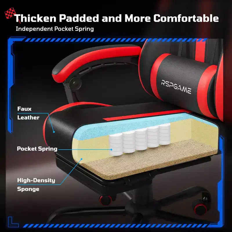 RSPGAME Basic Ergonomic Gaming Chairs for Adults, PU Leather Office Chairs with Lumbar Support, Pocket Spring Cushion and Retractable Footrest