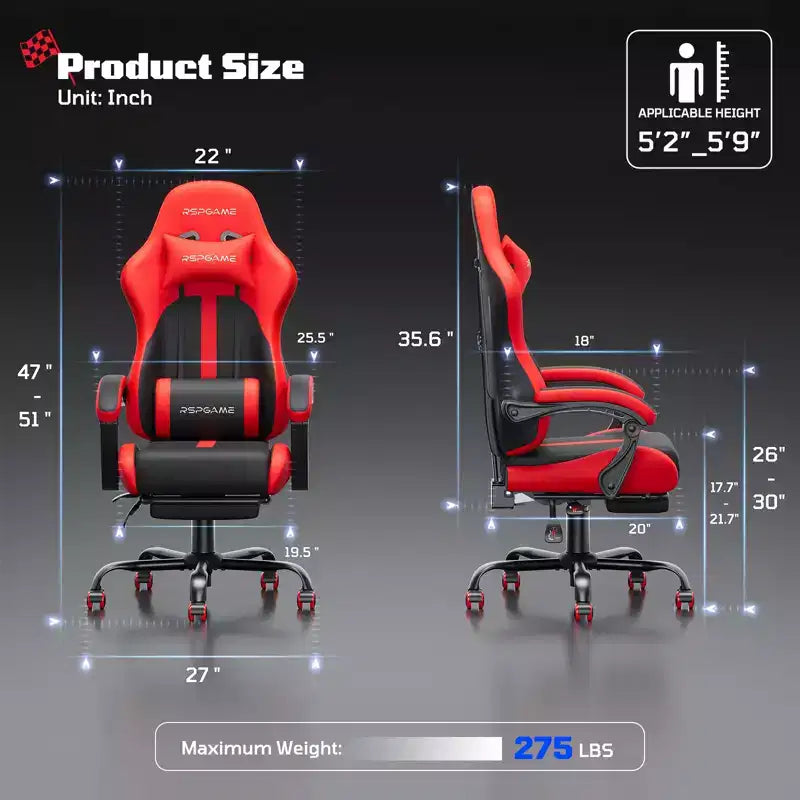 RSPGAME Basic Ergonomic Gaming Chairs for Adults, PU Leather Office Chairs with Lumbar Support, Pocket Spring Cushion and Retractable Footrest
