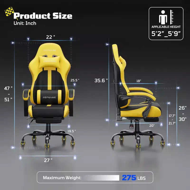 RSPGAME Basic Ergonomic Gaming Chairs for Adults, PU Leather Office Chairs with Lumbar Support, Pocket Spring Cushion and Retractable Footrest