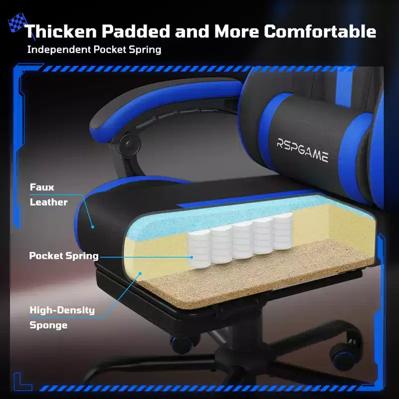 RSPGAME Basic Ergonomic Gaming Chairs for Adults, PU Leather Office Chairs with Lumbar Support, Pocket Spring Cushion and Retractable Footrest