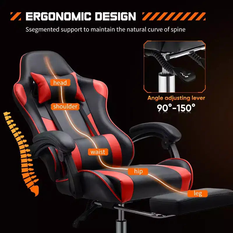 Chaise de bureau TUYOHW en cuir PU avec roulettes, repose-pieds et soutien lombaire, accoudoirs fixes, chaise gaming pour le bureau
