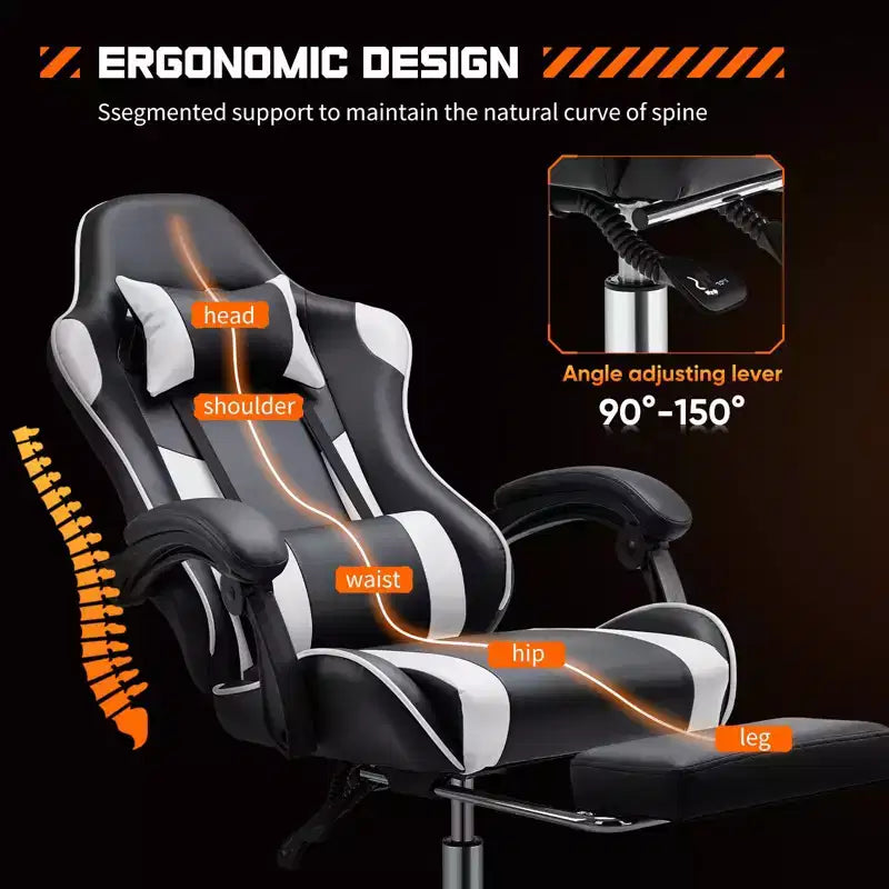 Chaise de bureau TUYOHW en cuir PU avec roulettes, repose-pieds et soutien lombaire, accoudoirs fixes, chaise gaming pour le bureau
