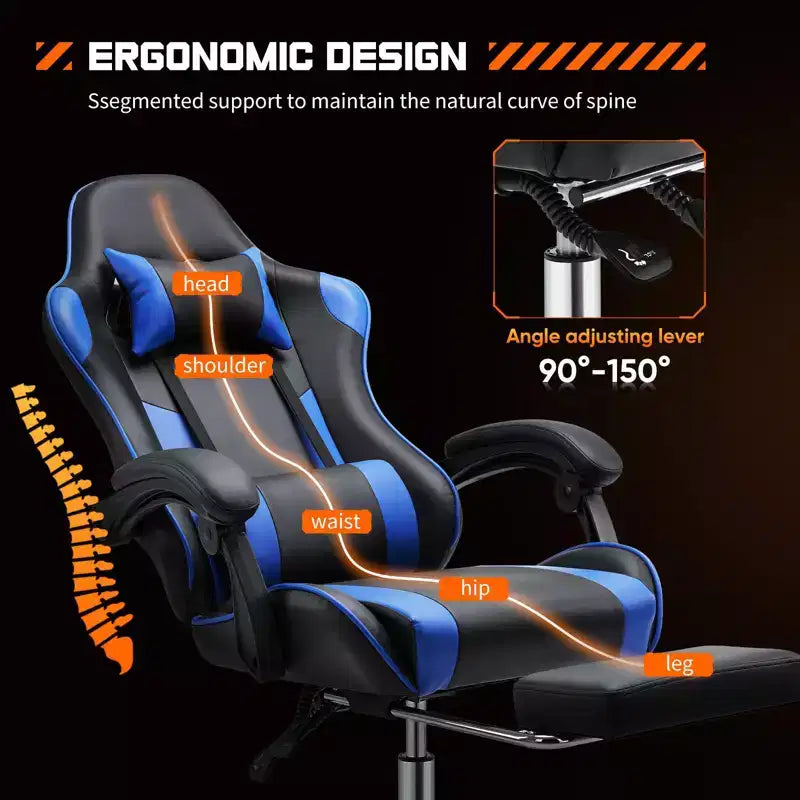 Chaise de bureau TUYOHW en cuir PU avec roulettes, repose-pieds et soutien lombaire, accoudoirs fixes, chaise gaming pour le bureau