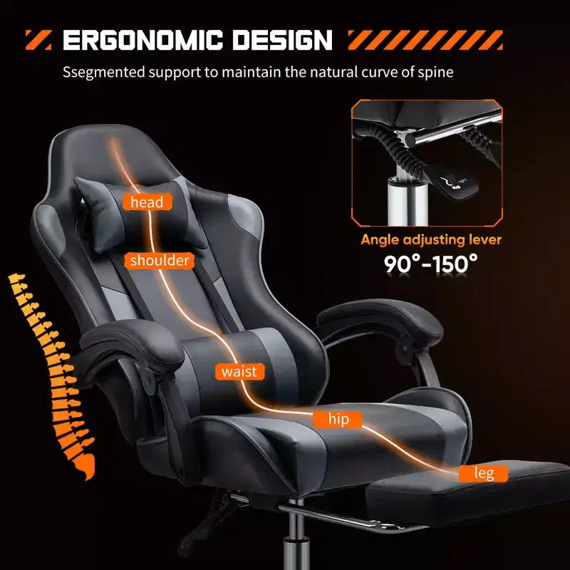 Chaise de bureau TUYOHW en cuir PU avec roulettes, repose-pieds et soutien lombaire, accoudoirs fixes, chaise gaming pour le bureau
