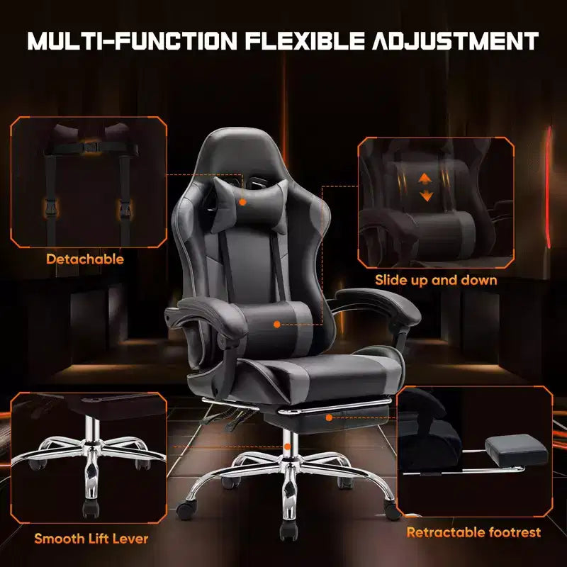 Chaise de bureau TUYOHW en cuir PU avec roulettes, repose-pieds et soutien lombaire, accoudoirs fixes, chaise gaming pour le bureau