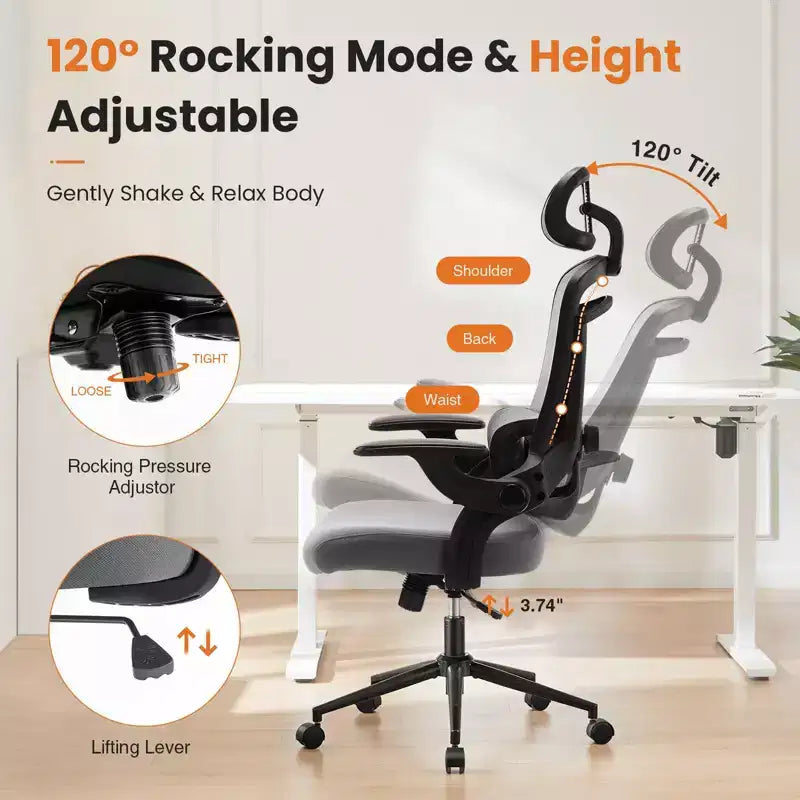 Chaise de bureau à roulettes TUYOHW en maille croisée, chaise de bureau avec support lombaire et appui-tête réglables, chaise de gaming avec accoudoirs relevables souples pour le bureau
