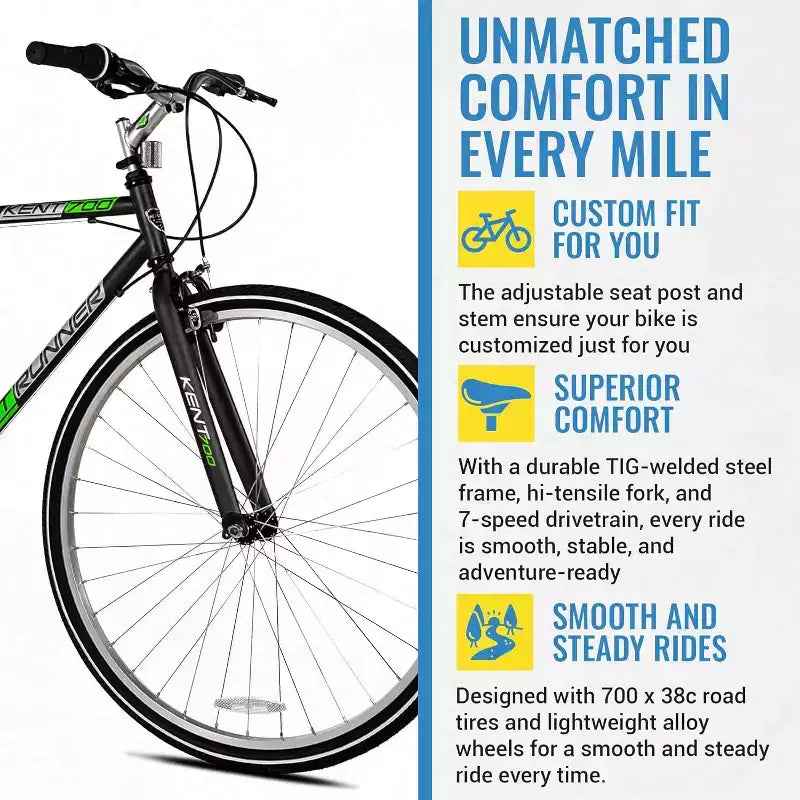 Kent International Front Runner Hybrid Bike - 700c - City Bike with 7 Speed Drivetrain, Lightweight Alloy Wheels, and Height Adjustable Seat Post